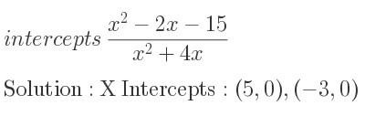 The intercepts of (x^2-2x-15)/(x^2+4x) is X Intercepts: (5,0),(-3,0)